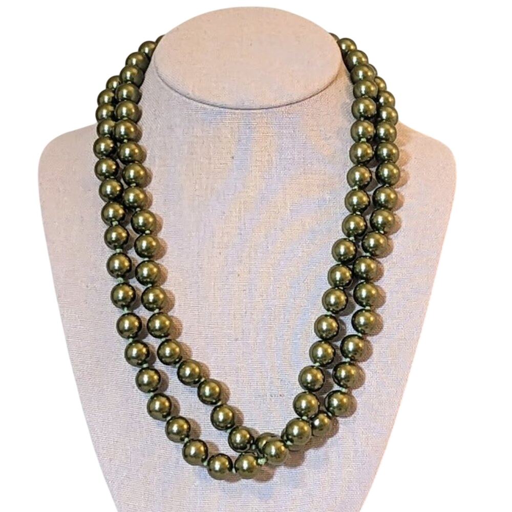 Monet Long Strand Green Glass Simulated Hand Knotted Pearl Bead Necklace